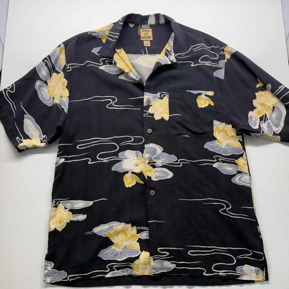 Tommy Bahama Mens M Silk Water Lily Lotus Floral Camp Shirt Black Short Sleeve